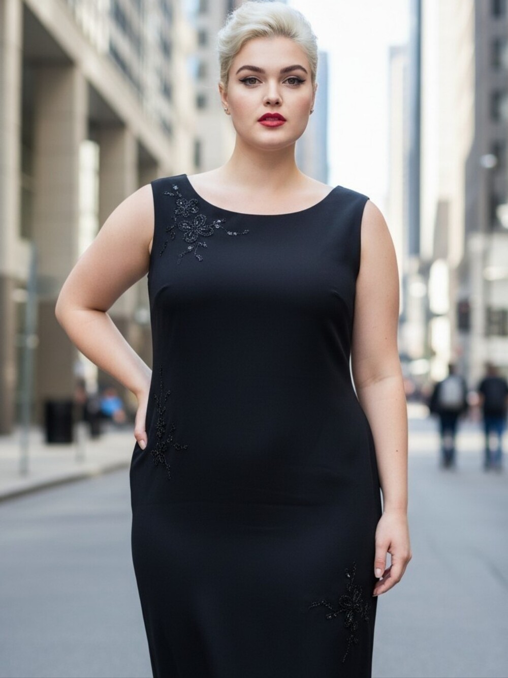 Evan Picone Black Sleeveless Maxi Dress with Beaded Floral Accents